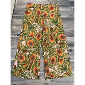 Cynthia Rowley L Women Linen Blend Leaf Wide Leg Cropped Pants Beach Boho Hippie